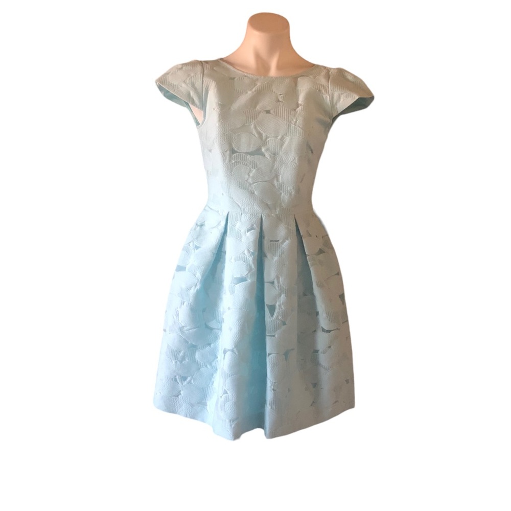Ted Baker Baby Blue Laureto Fit & Flare Lace Dress Pleated Skirt Net Cut Outs - Picture 3 of 16